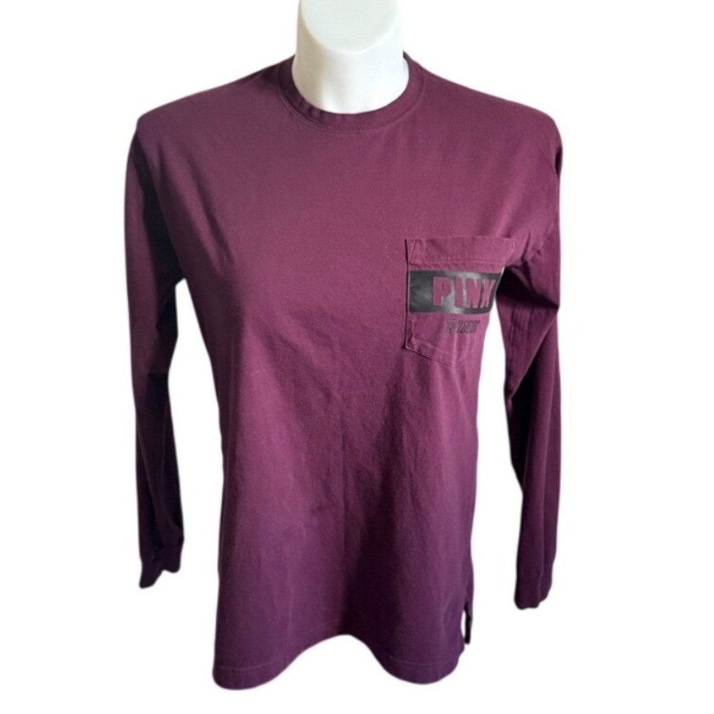 Victorias Secret PINK Long Sleeve Pocket Tee Maroon Burgundy Logo Shirt Womens S